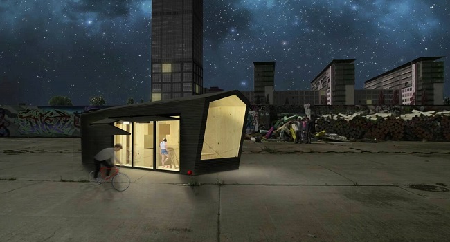 Vision nocturne d'une mini-maison installée sur un toit ©Cabin Spacey