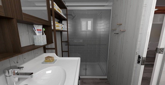 Une vrai salle de bain avec un espace douche Aurora tiny-house extensible © ZeroSquared