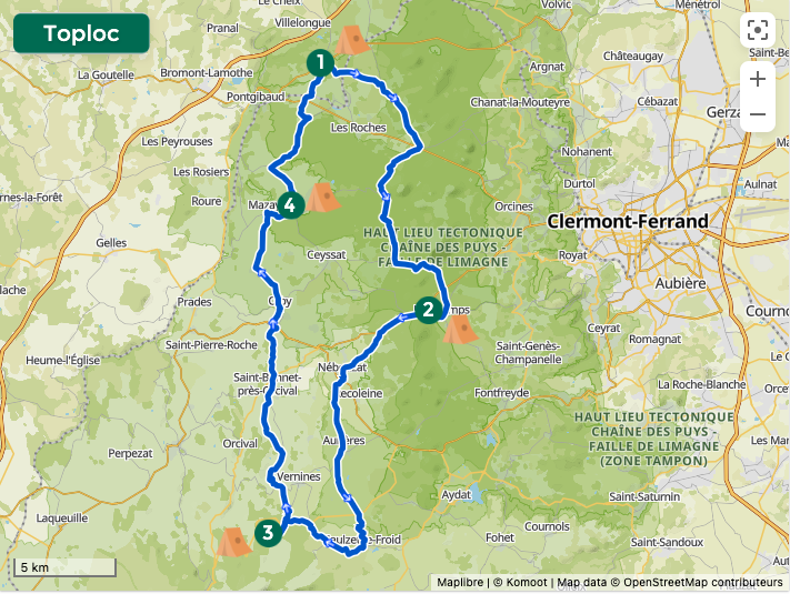 GR 441 en 4 jours - Tour de la Chaine des Puys - environ 90km et 1 200m de dénivelé positif © Toploc